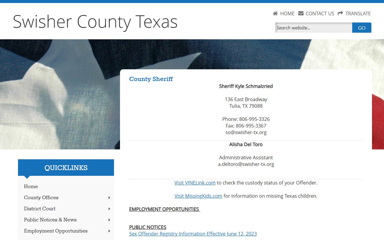 Swisher County Jail inmate custody search and sheriff contact page