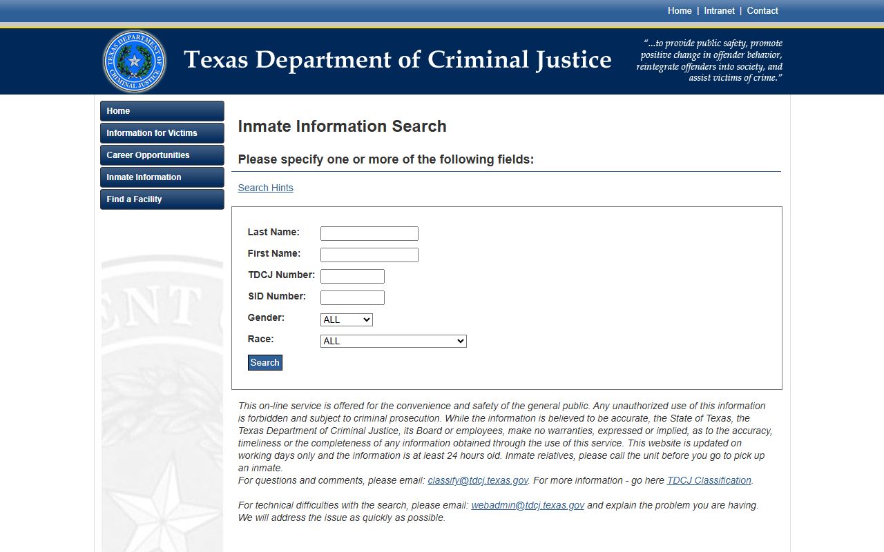 Swisher County inmate search TDCJ state prison locator fields