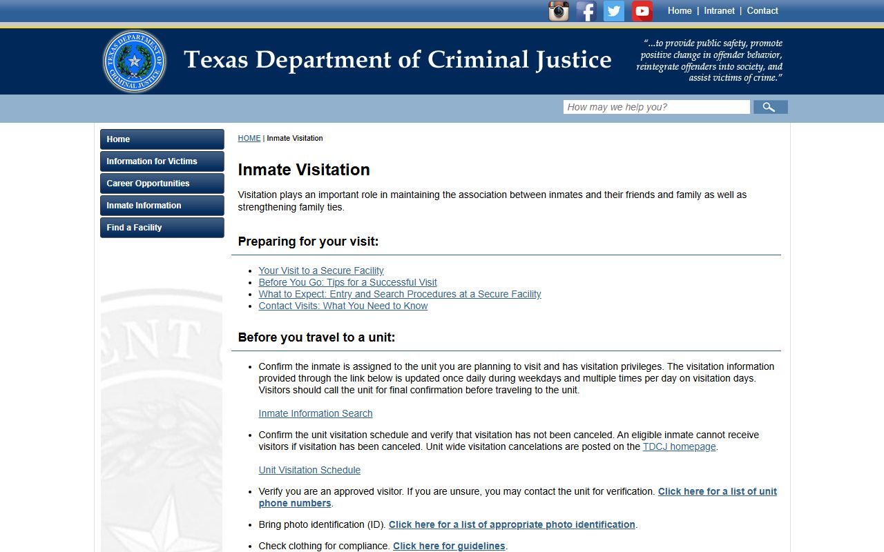 Thomas R. Mechler Unit inmate visitation through TDCJ